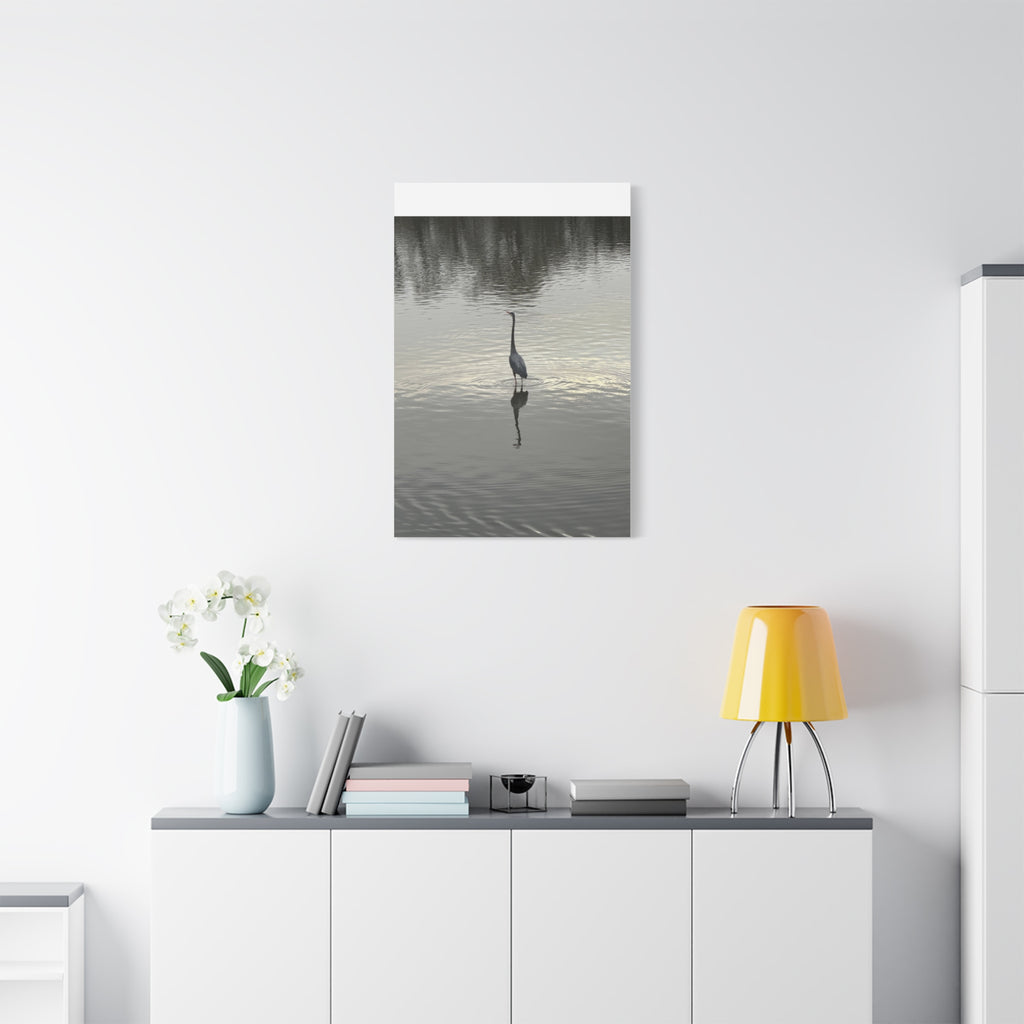 Lake Life Blue Heron Reflection Matte Stretched Canvas – Serene Wall Art