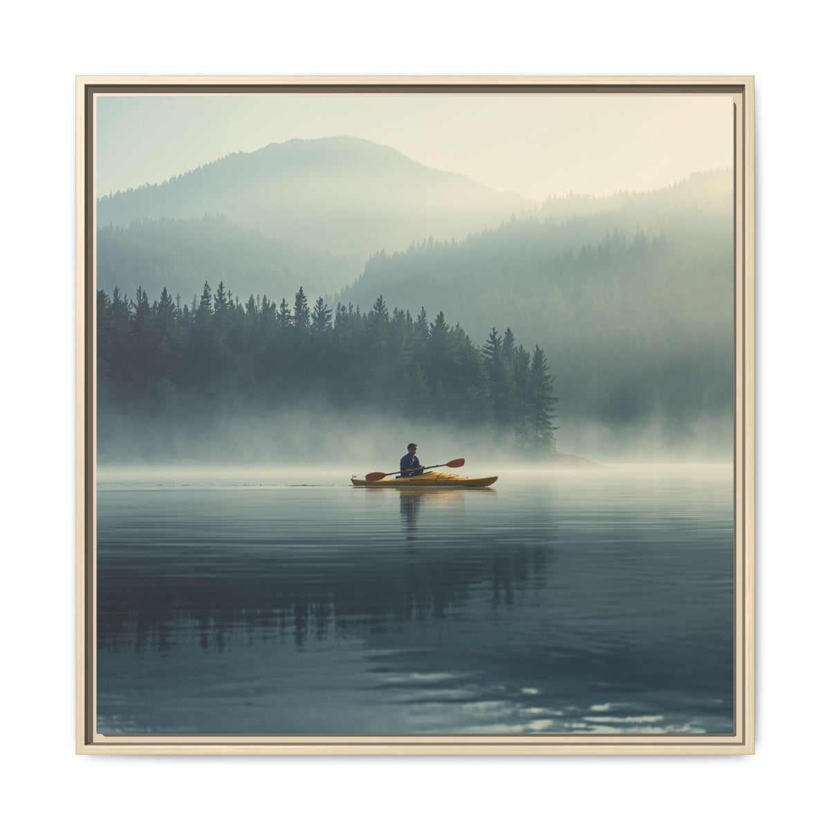 Lake Life Framed Matte Canvas: Misty Lake Kayaker Wall Art