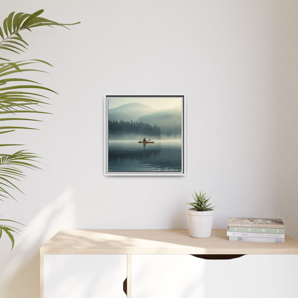 Lake Life Framed Matte Canvas: Misty Lake Kayaker Wall Art