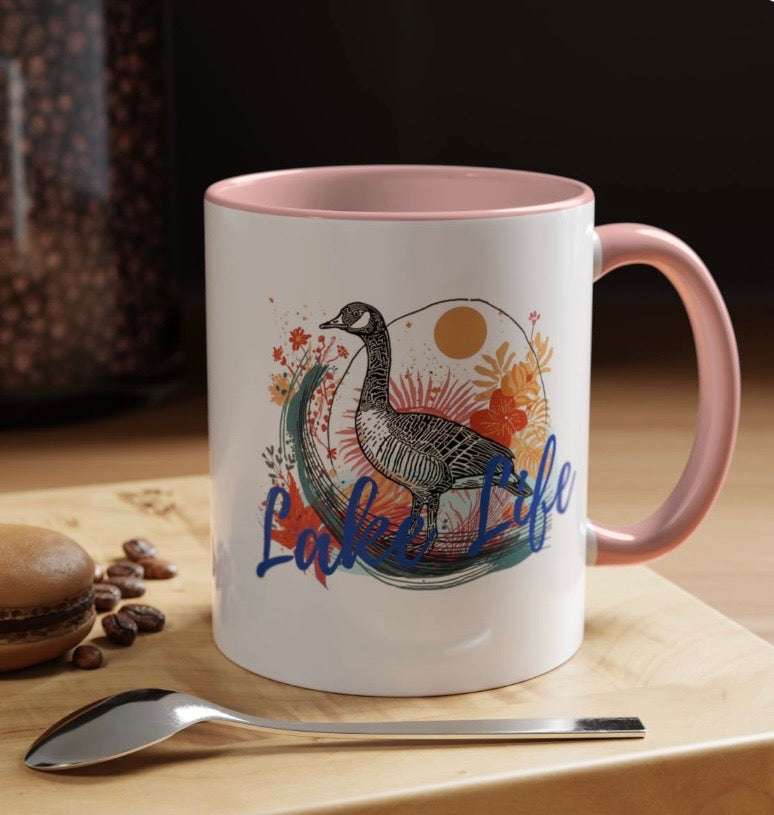 Lake Life Accent Mug — Colorful Watercolor Mama Goose and Baby Goslings Coffee Cup (Pink Interior)