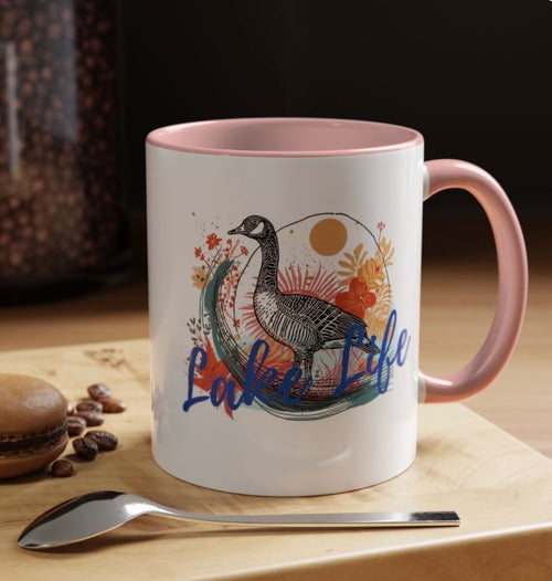 Lake Life Accent Mug — Colorful Watercolor Mama Goose and Baby Goslings Coffee Cup (Pink Interior)