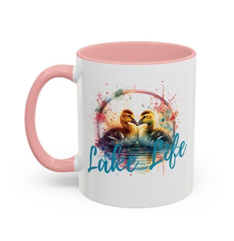 Lake Life Accent Mug — Colorful Watercolor Mama Goose and Baby Goslings Coffee Cup (Pink Interior)
