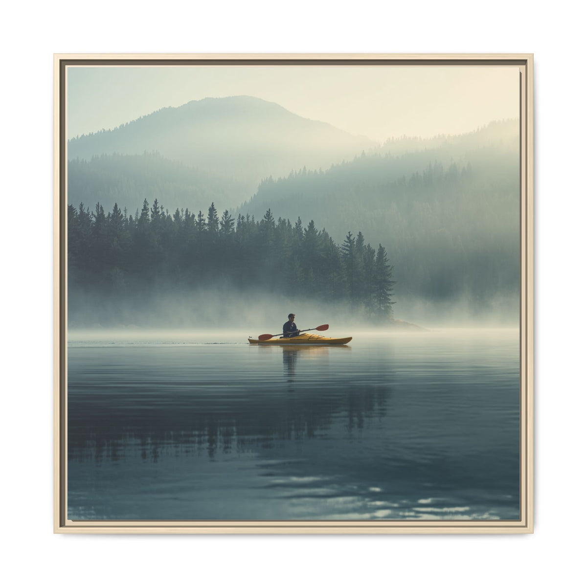 Lake Life Framed Matte Canvas: Misty Lake Kayaker Wall Art
