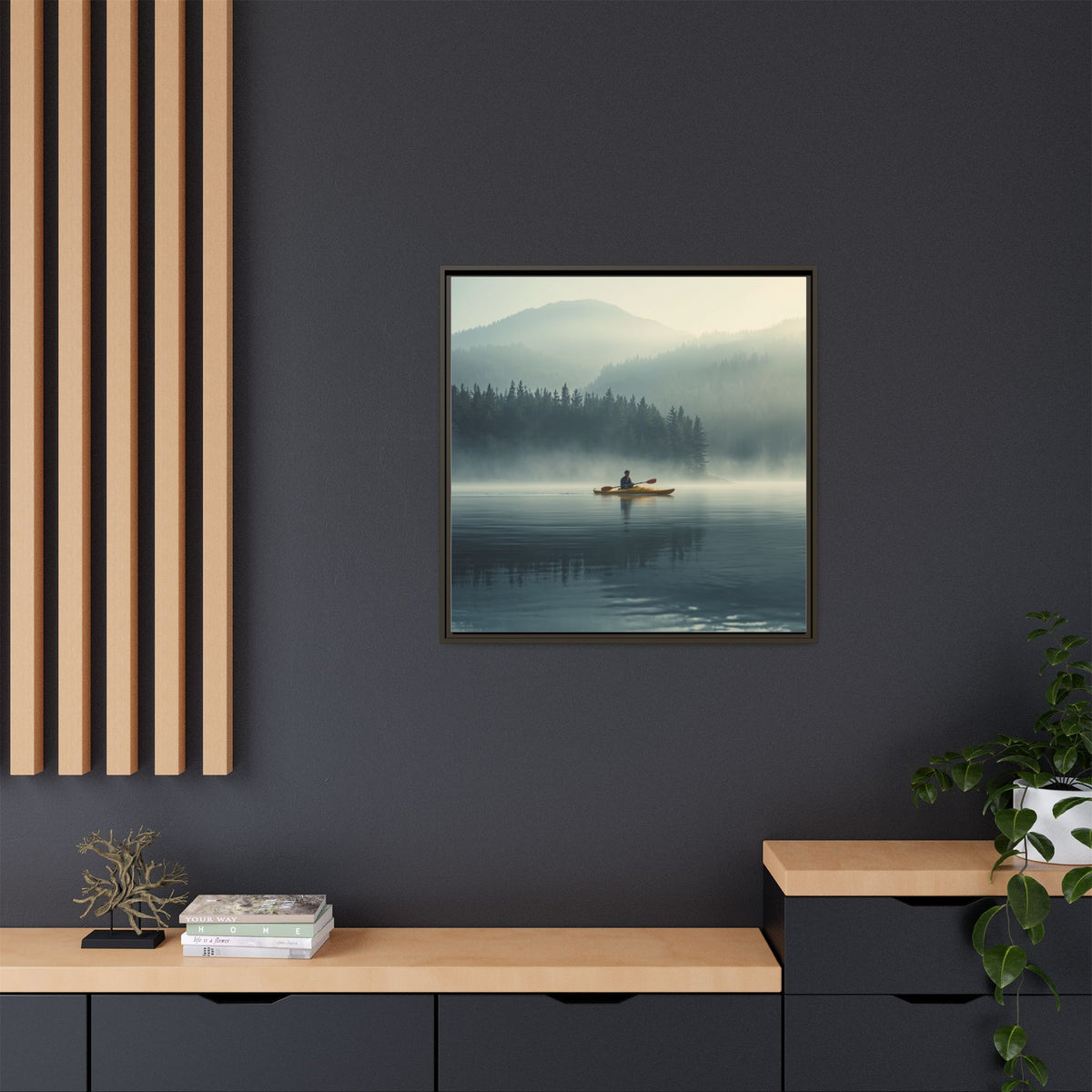 Lake Life Framed Matte Canvas: Misty Lake Kayaker Wall Art