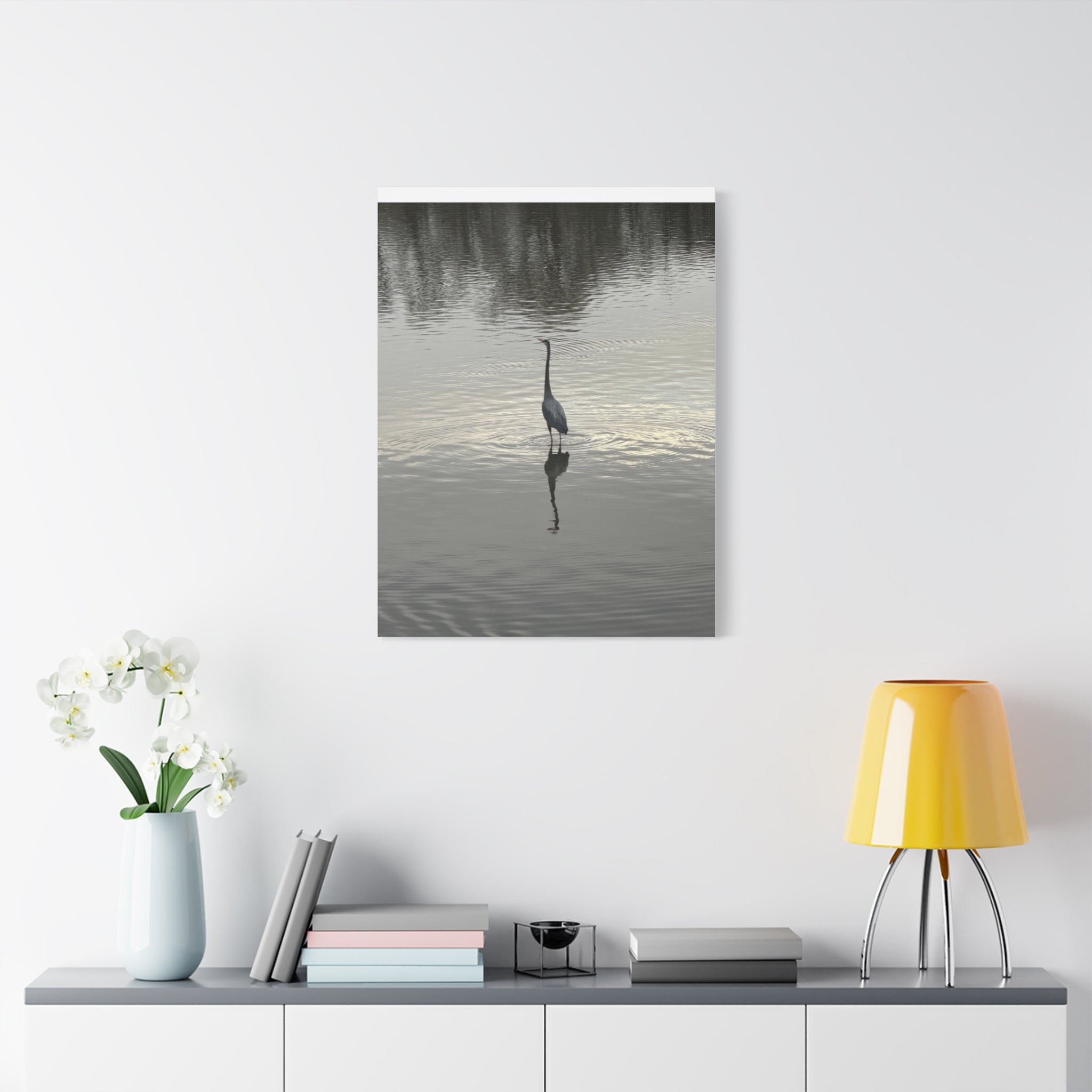 Lake Life Blue Heron Reflection Matte Stretched Canvas – Serene Wall Art