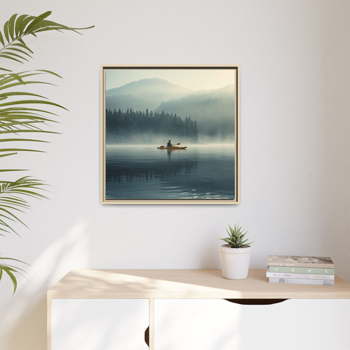 Lake Life Framed Matte Canvas: Misty Lake Kayaker Wall Art