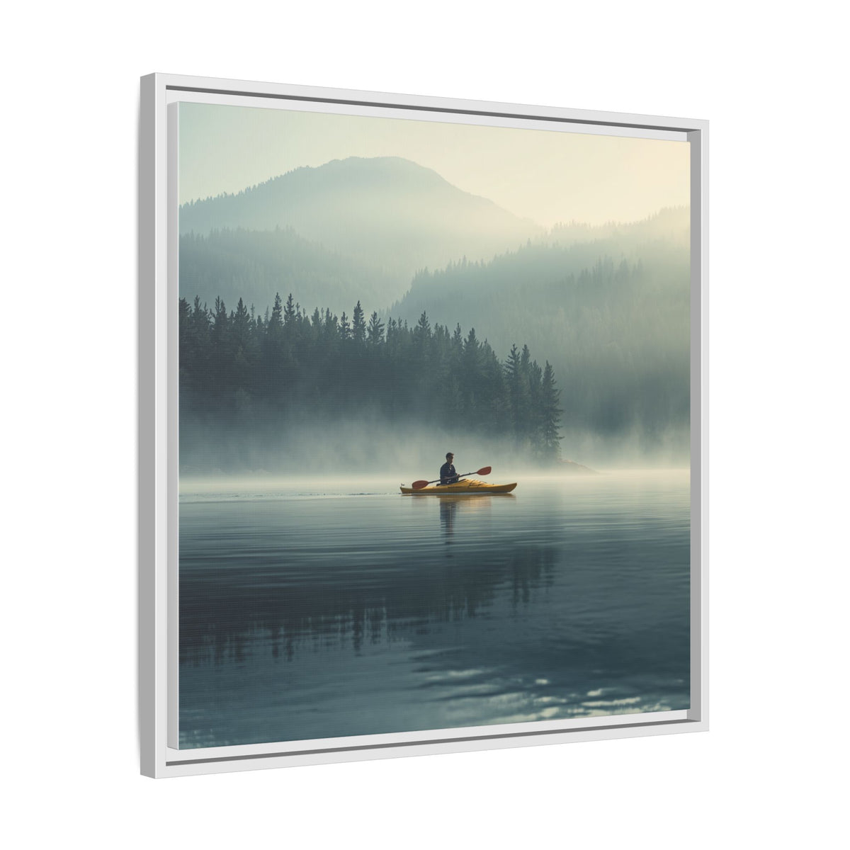 Lake Life Framed Matte Canvas: Misty Lake Kayaker Wall Art