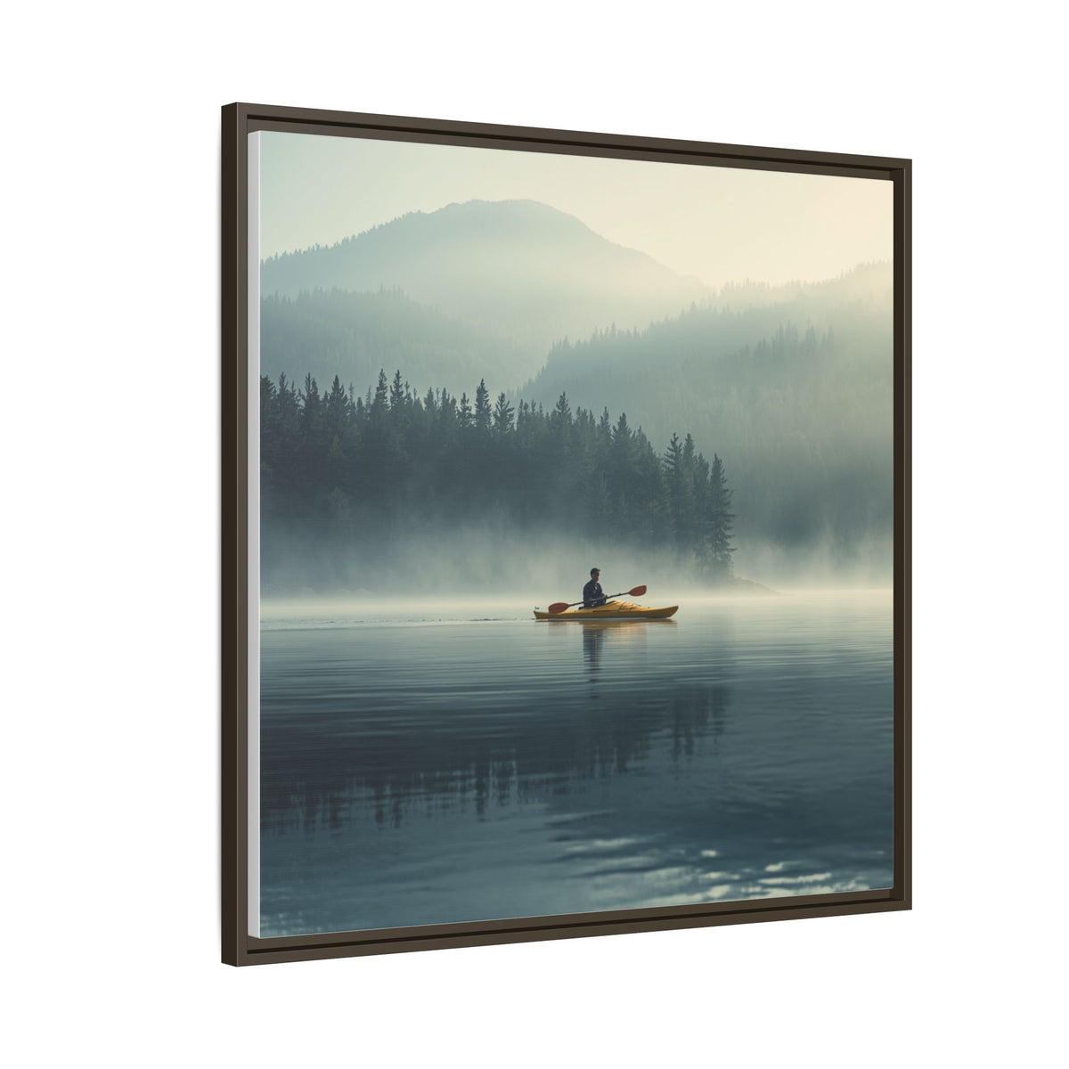 Lake Life Framed Matte Canvas: Misty Lake Kayaker Wall Art