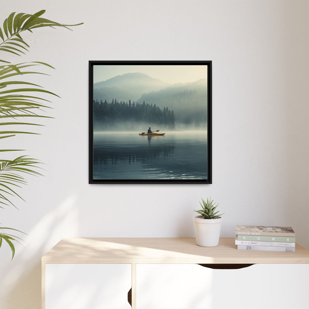 Lake Life Framed Matte Canvas: Misty Lake Kayaker Wall Art