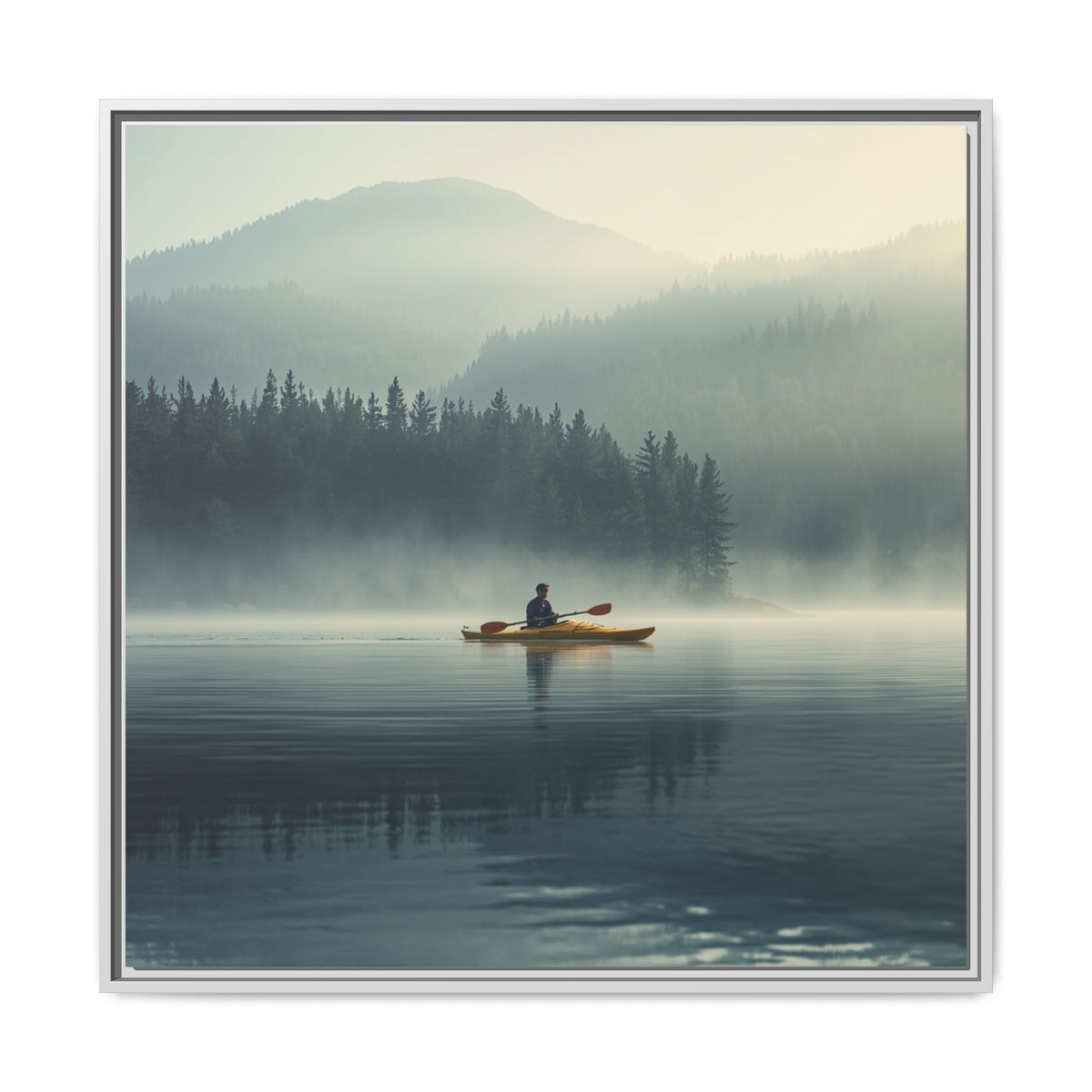 Lake Life Framed Matte Canvas: Misty Lake Kayaker Wall Art