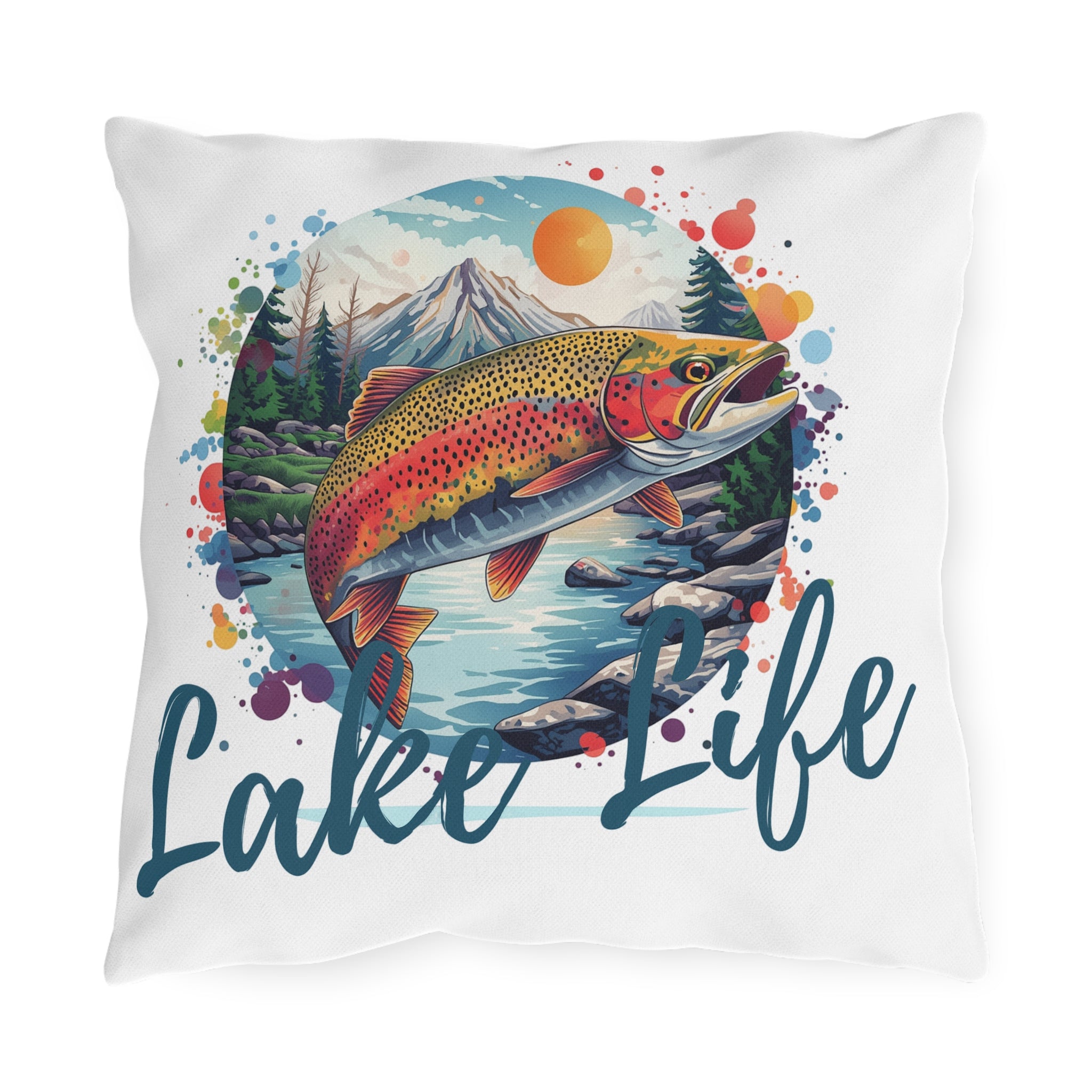Lake Life Trout Outdoor Pillow — Fishing Cabin Decorative Throw Pillow