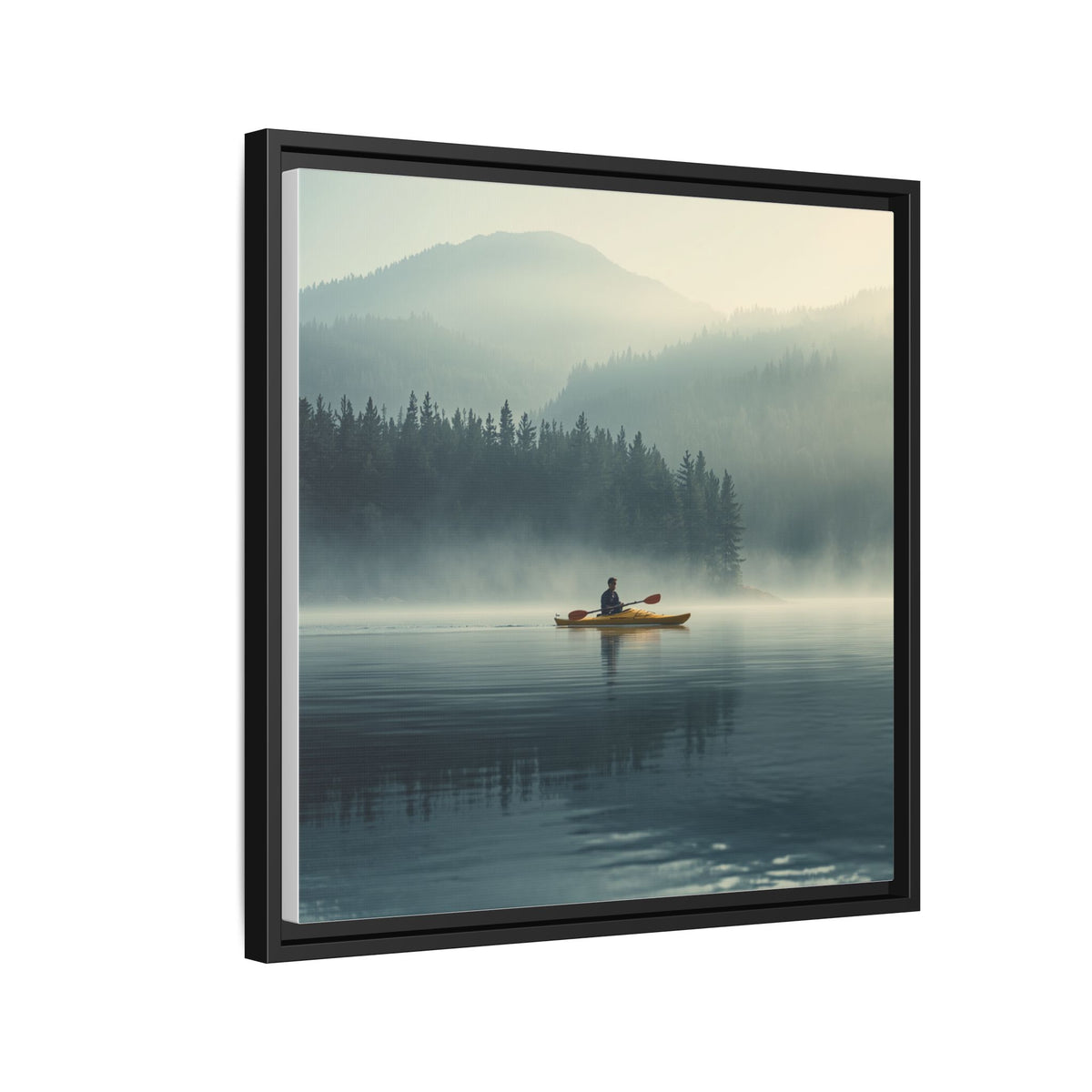 Lake Life Framed Matte Canvas: Misty Lake Kayaker Wall Art