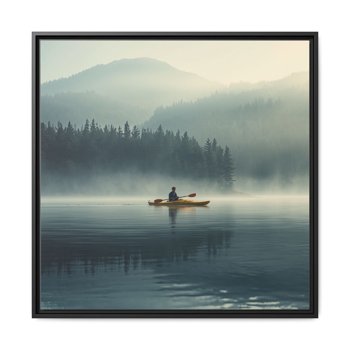 Lake Life Framed Matte Canvas: Misty Lake Kayaker Wall Art