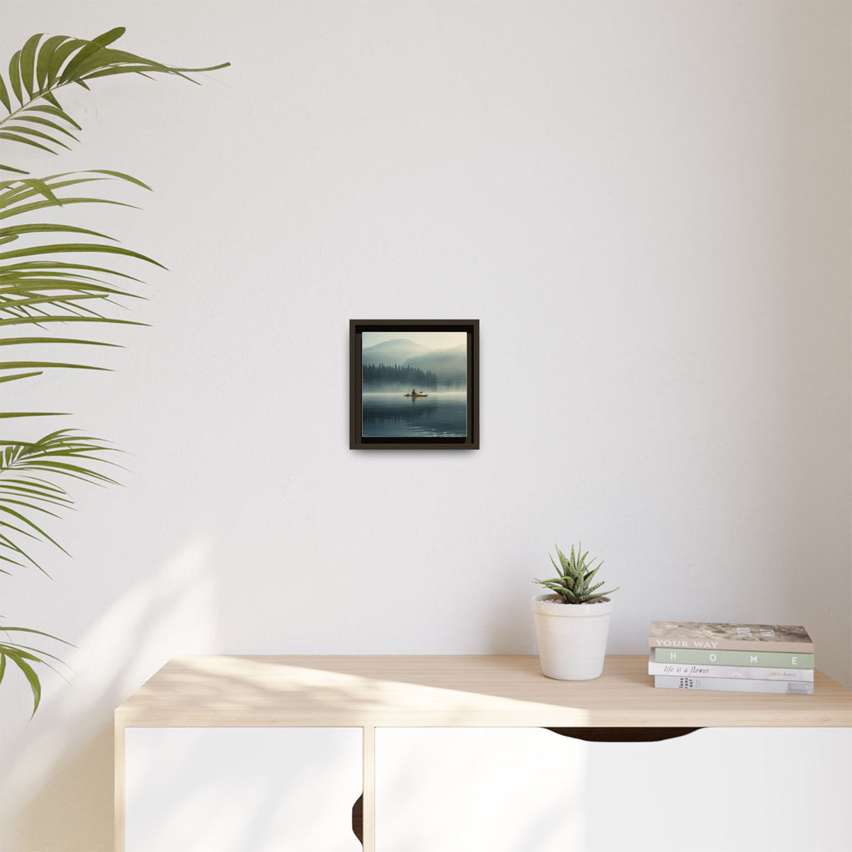 Lake Life Framed Matte Canvas: Misty Lake Kayaker Wall Art