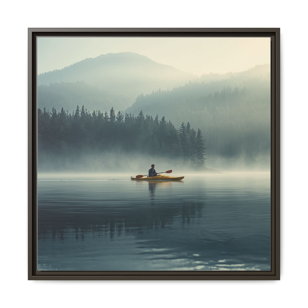 Lake Life Framed Matte Canvas: Misty Lake Kayaker Wall Art