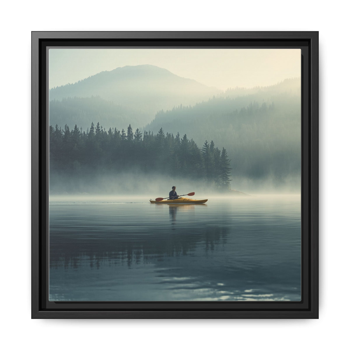 Lake Life Framed Matte Canvas: Misty Lake Kayaker Wall Art