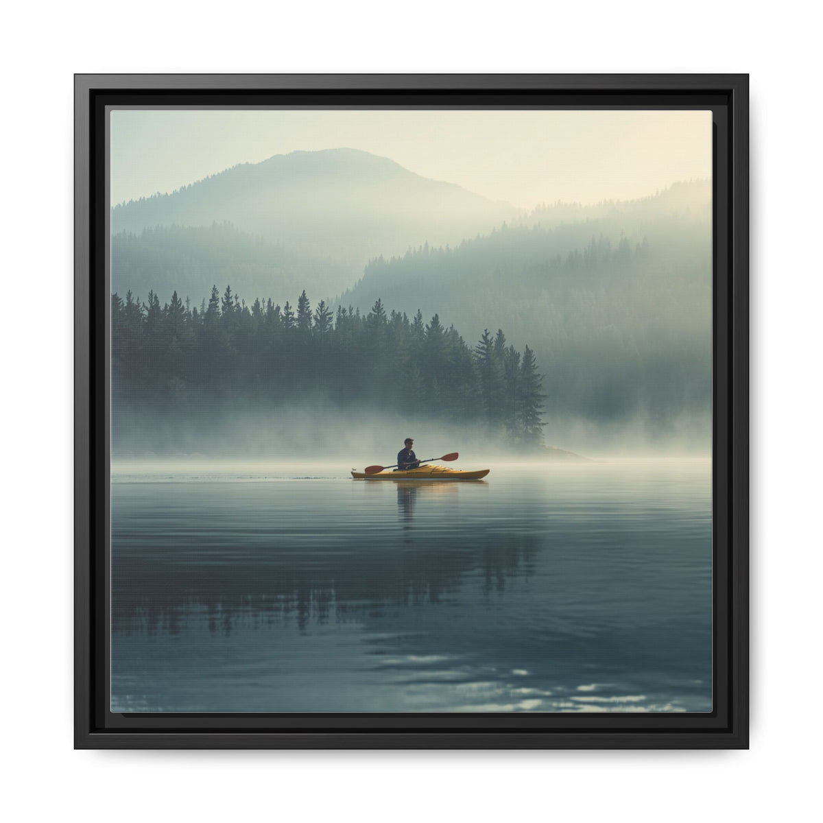 Lake Life Framed Matte Canvas: Misty Lake Kayaker Wall Art