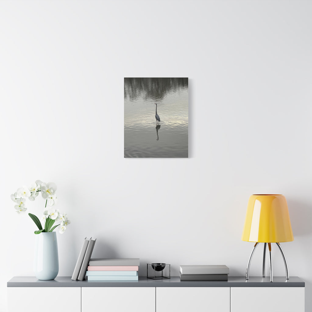 Lake Life Blue Heron Reflection Matte Stretched Canvas – Serene Wall Art