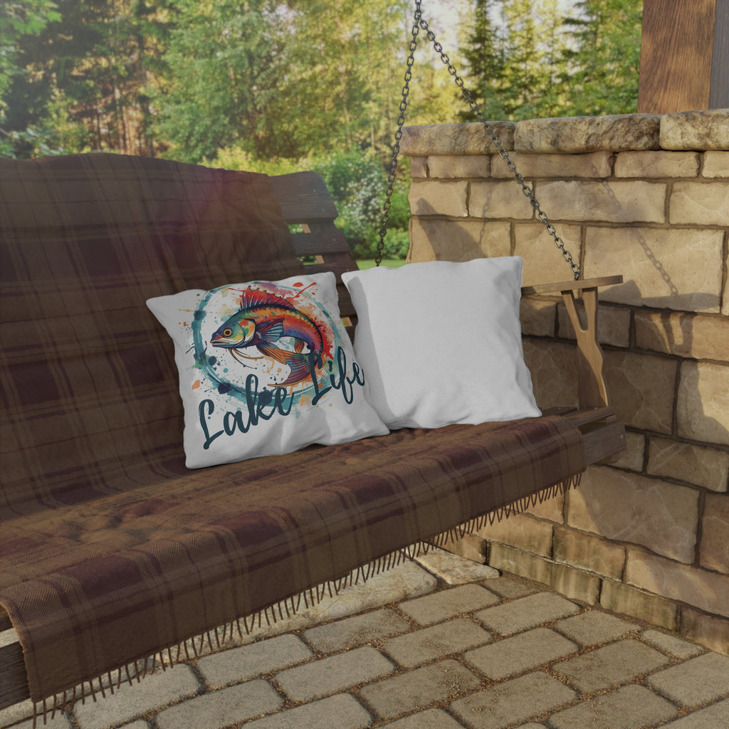 Lake Life Outdoor Pillow — Colorful Watercolor Catfish Accent Cushion