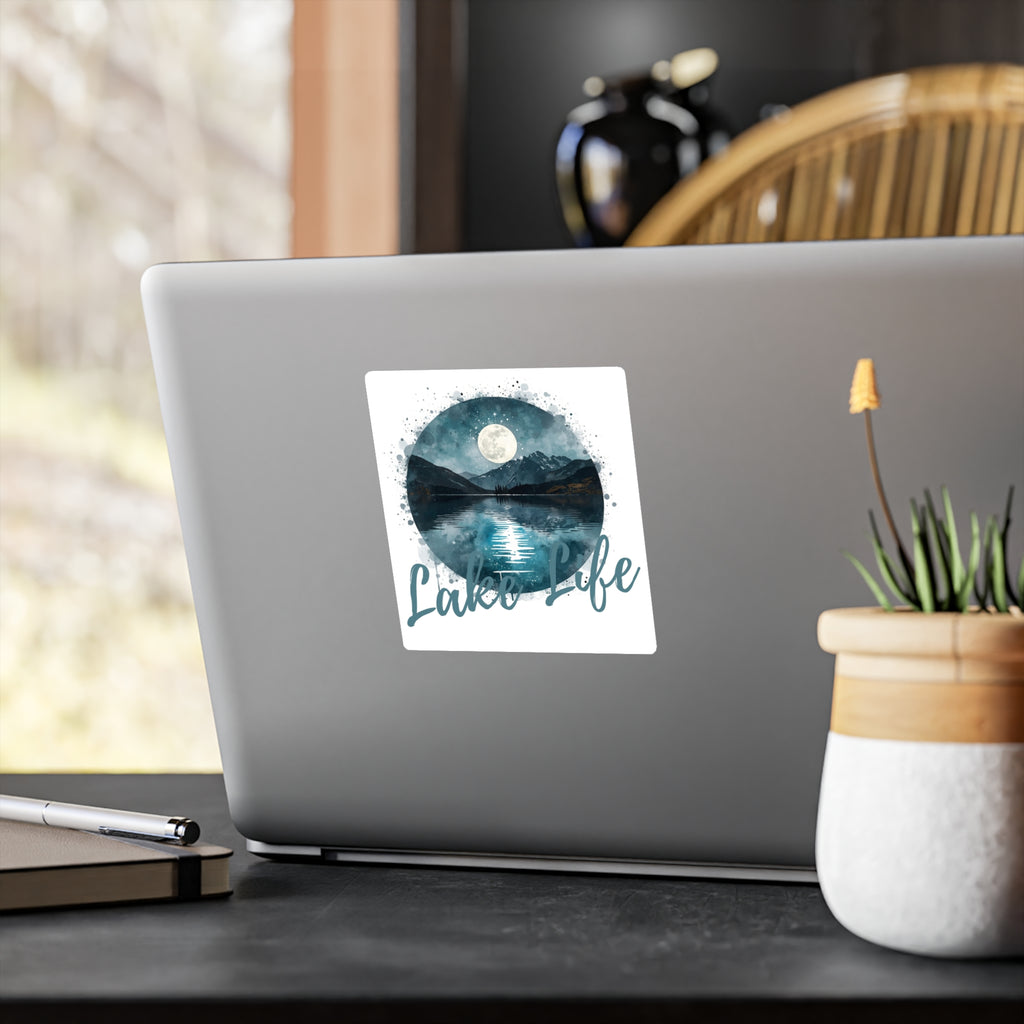Lake Life Vinyl Sticker — Moonlit Mountain Lake Kiss-Cut Decal
