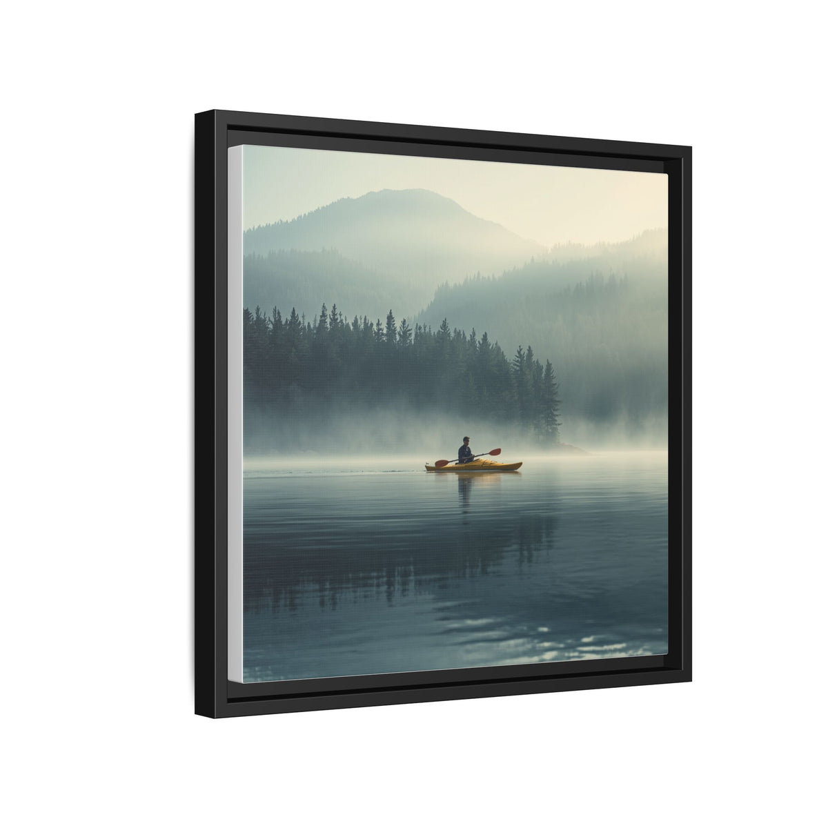 Lake Life Framed Matte Canvas: Misty Lake Kayaker Wall Art