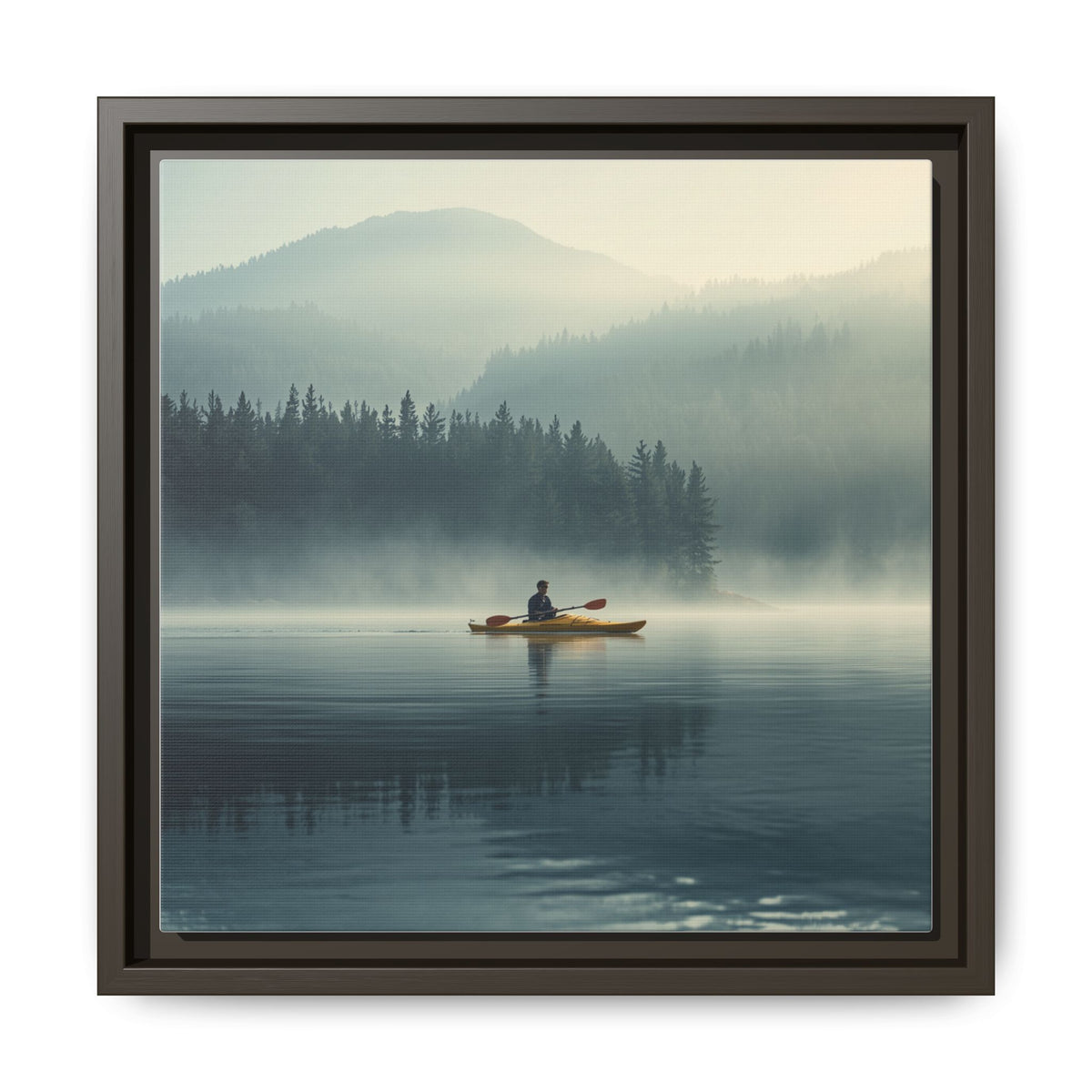 Lake Life Framed Matte Canvas: Misty Lake Kayaker Wall Art