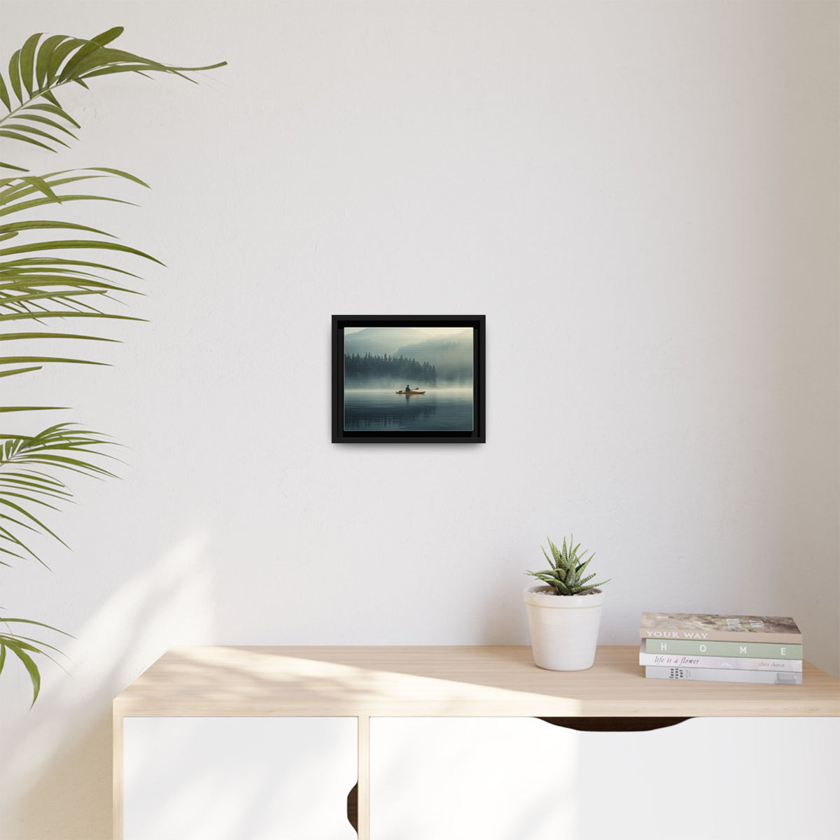 Lake Life Framed Matte Canvas: Misty Lake Kayaker Wall Art