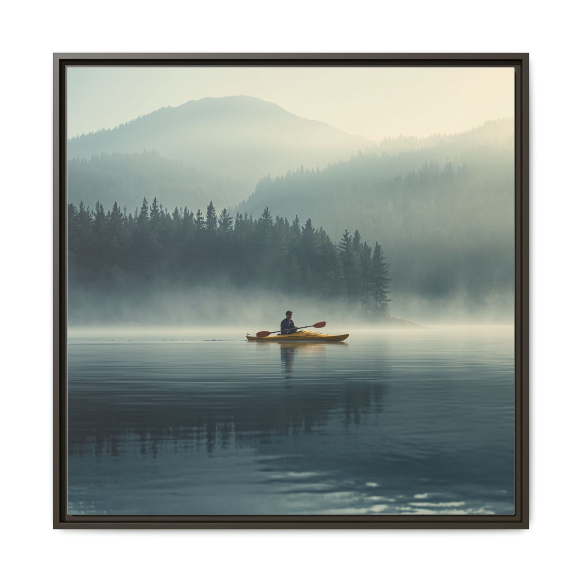 Lake Life Framed Matte Canvas: Misty Lake Kayaker Wall Art