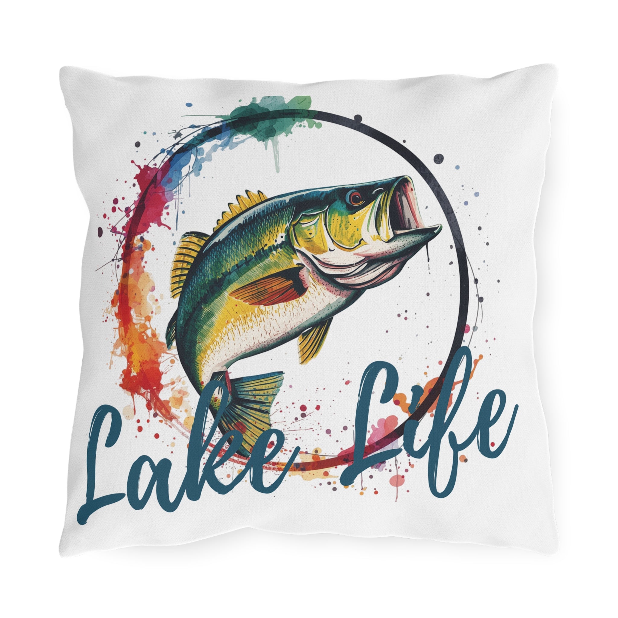 Lake Life Bass Outdoor Pillow – Colorful Fishing Cushion for Patio, Dock & Cabin