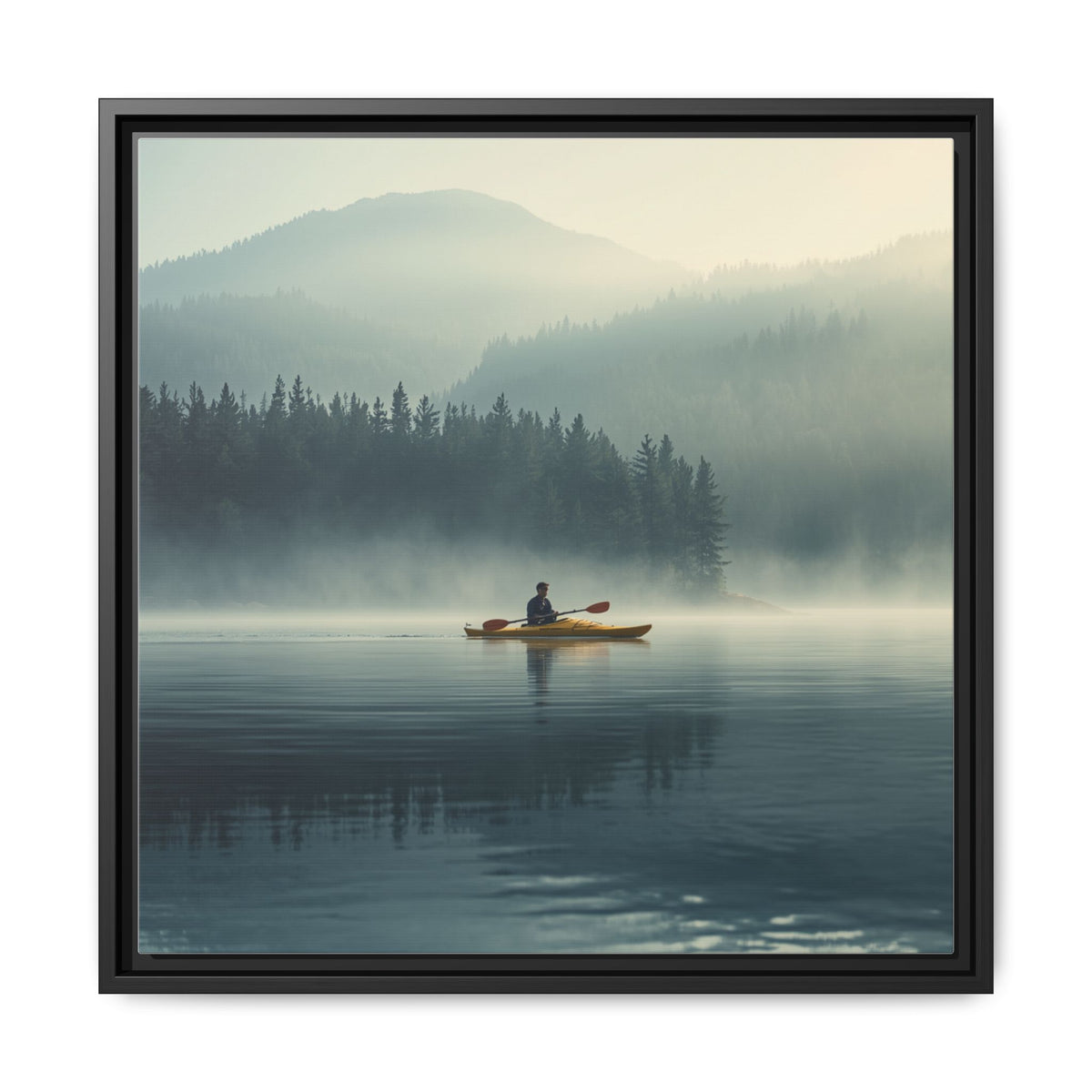 Lake Life Framed Matte Canvas: Misty Lake Kayaker Wall Art