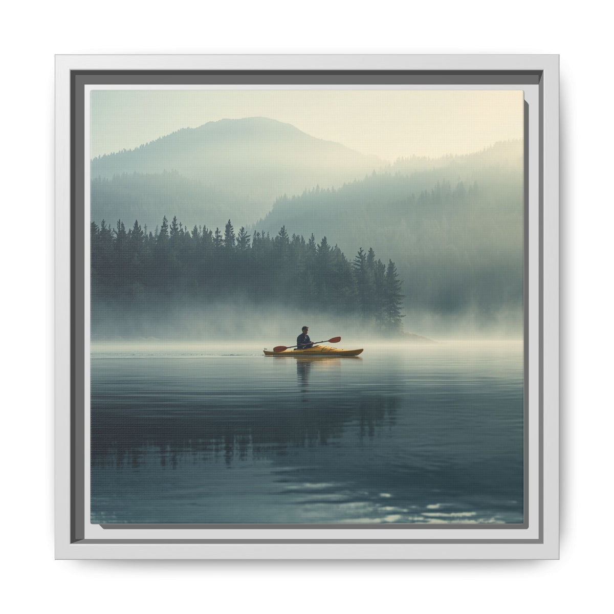 Lake Life Framed Matte Canvas: Misty Lake Kayaker Wall Art