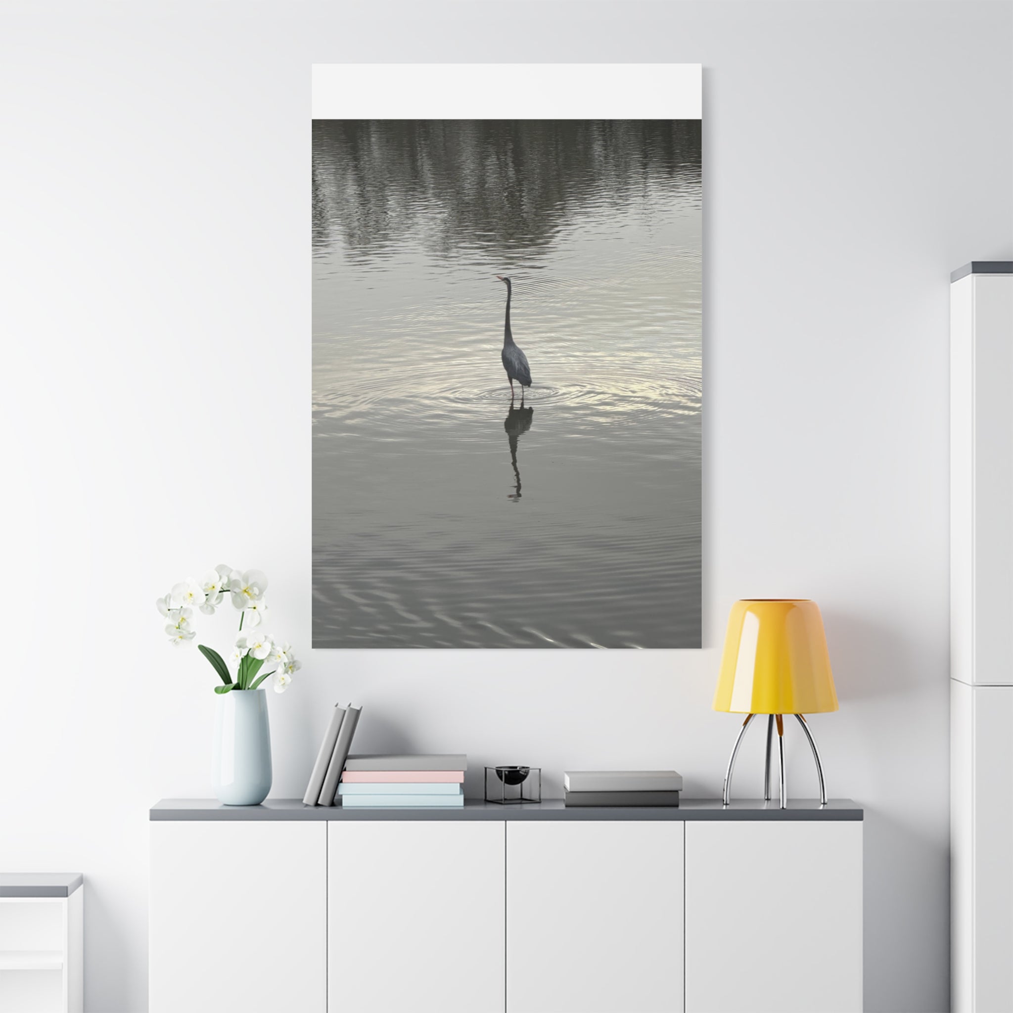 Lake Life Blue Heron Reflection Matte Stretched Canvas – Serene Wall Art