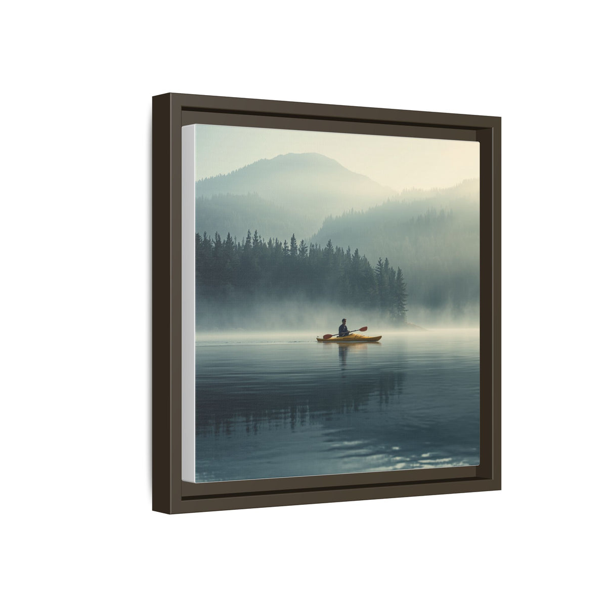 Lake Life Framed Matte Canvas: Misty Lake Kayaker Wall Art