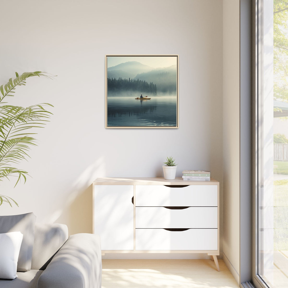 Lake Life Framed Matte Canvas: Misty Lake Kayaker Wall Art