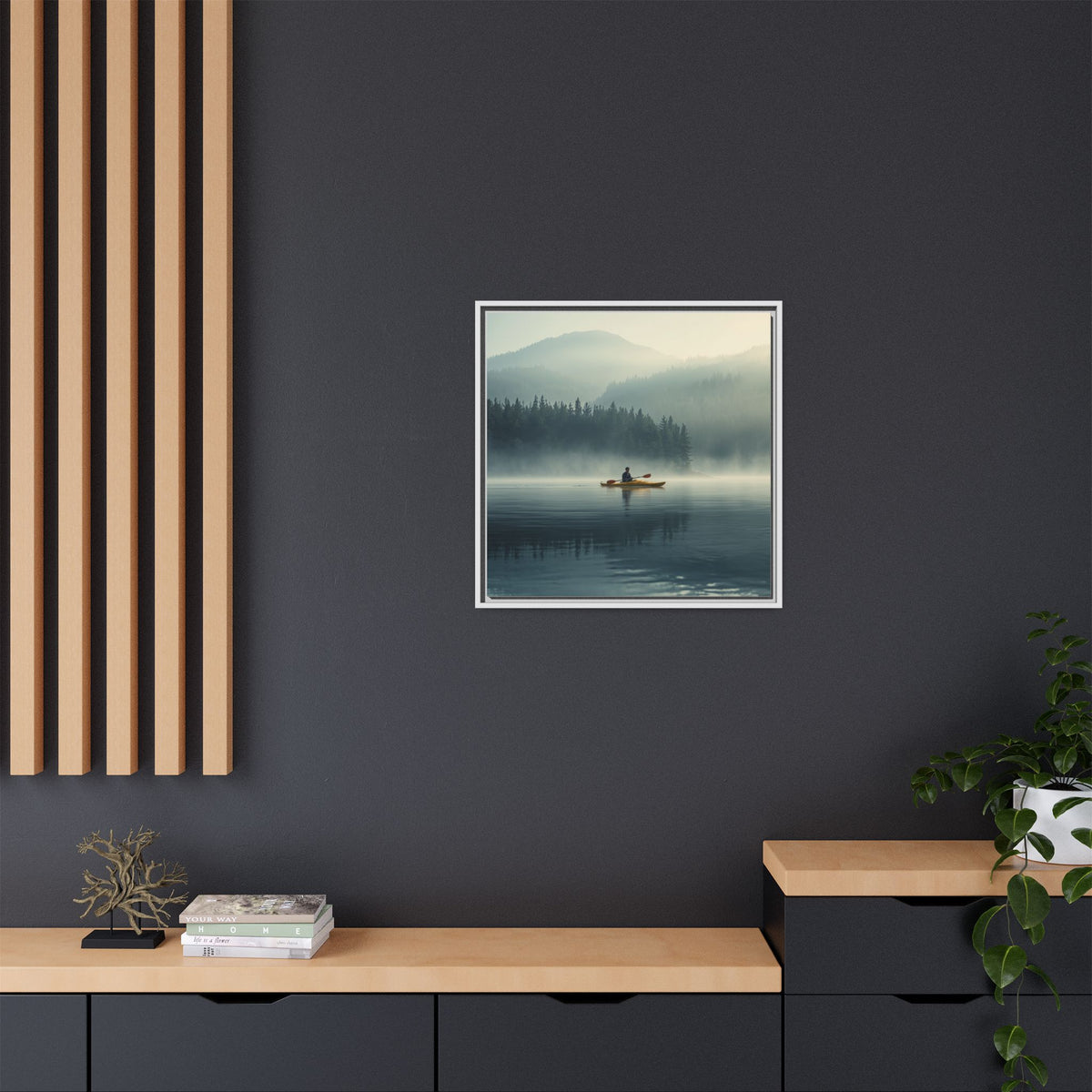 Lake Life Framed Matte Canvas: Misty Lake Kayaker Wall Art