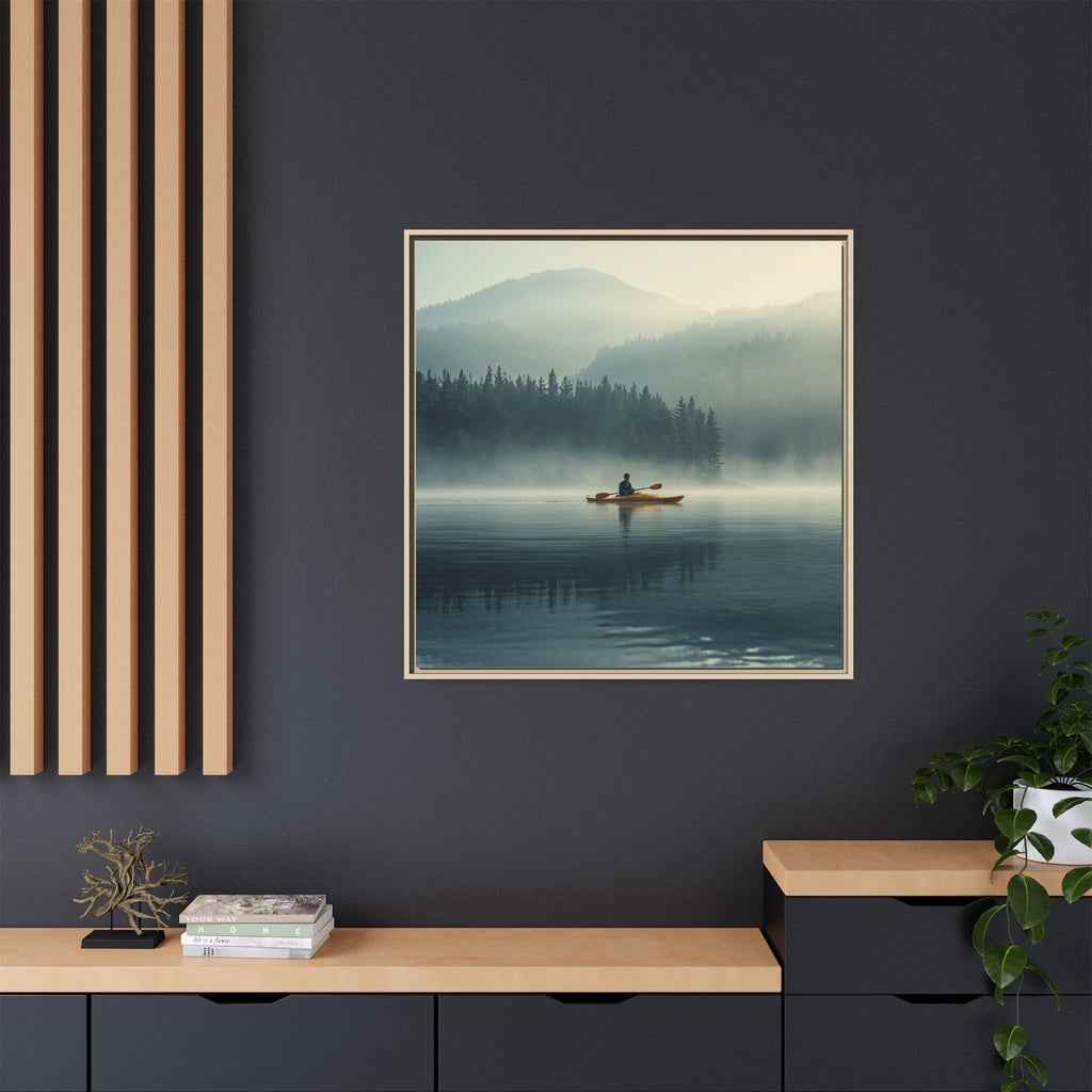 Lake Life Framed Matte Canvas: Misty Lake Kayaker Wall Art