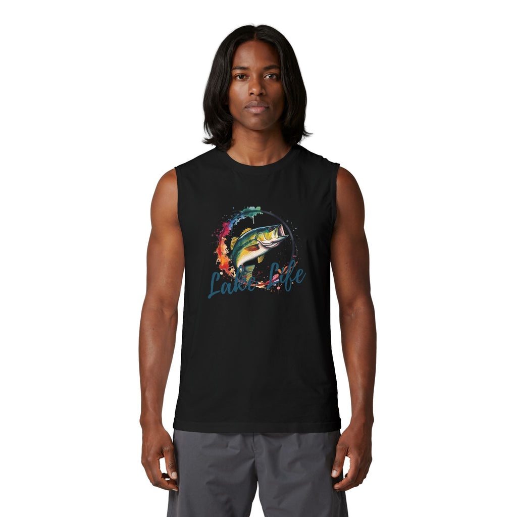 Lake Life Fishing Muscle Tank — Watercolor Bass Graphic