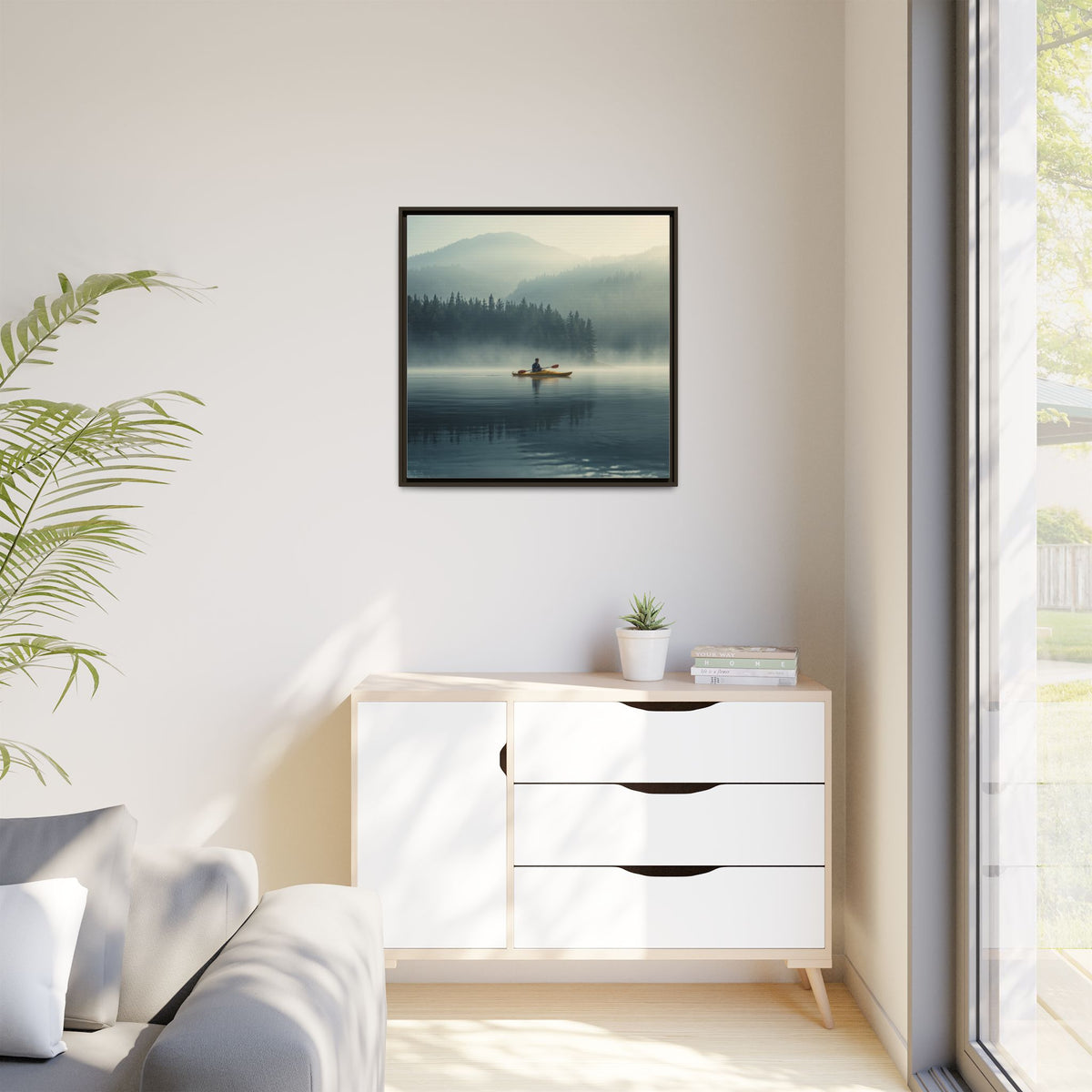 Lake Life Framed Matte Canvas: Misty Lake Kayaker Wall Art