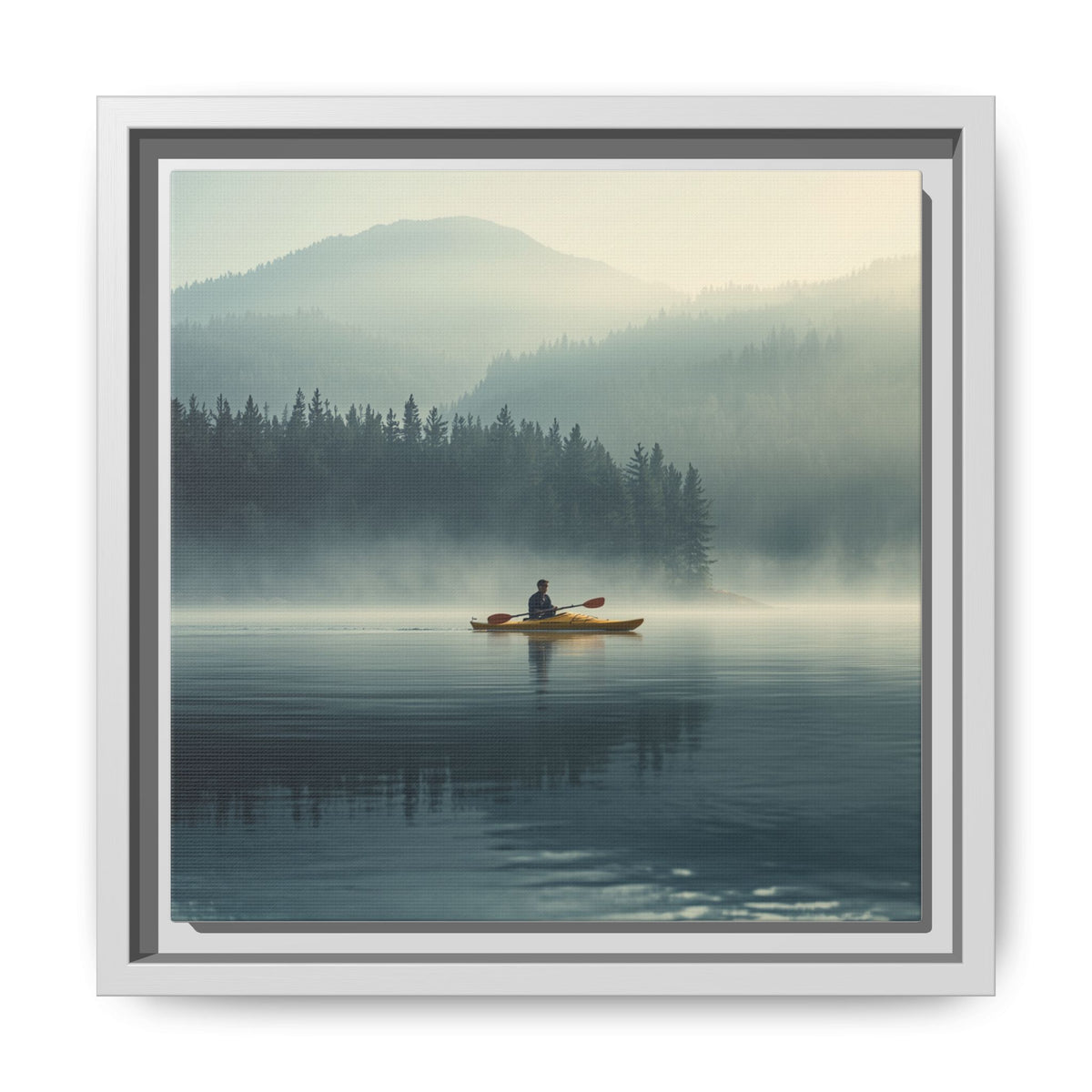 Lake Life Framed Matte Canvas: Misty Lake Kayaker Wall Art
