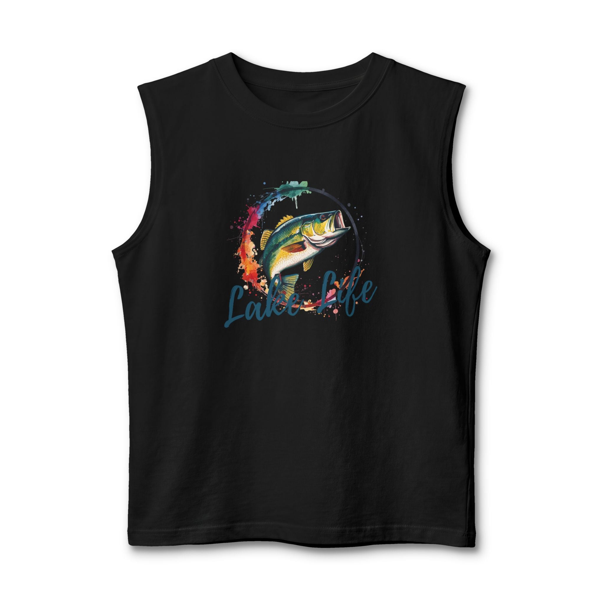 Lake Life Fishing Muscle Tank — Watercolor Bass Graphic