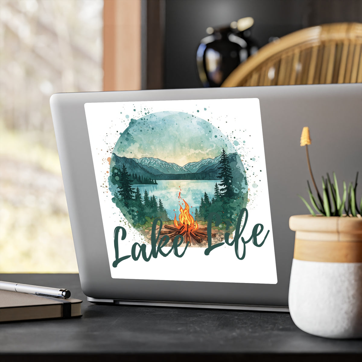 Lake Life Vinyl Sticker — Waterproof Kiss-Cut Camping Sticker with Campfire & Mountain Lake Design