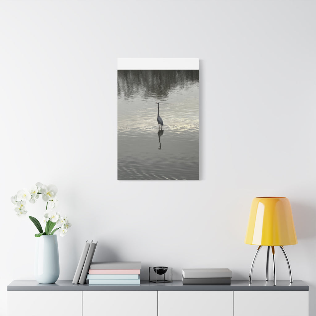 Lake Life Blue Heron Reflection Matte Stretched Canvas – Serene Wall Art