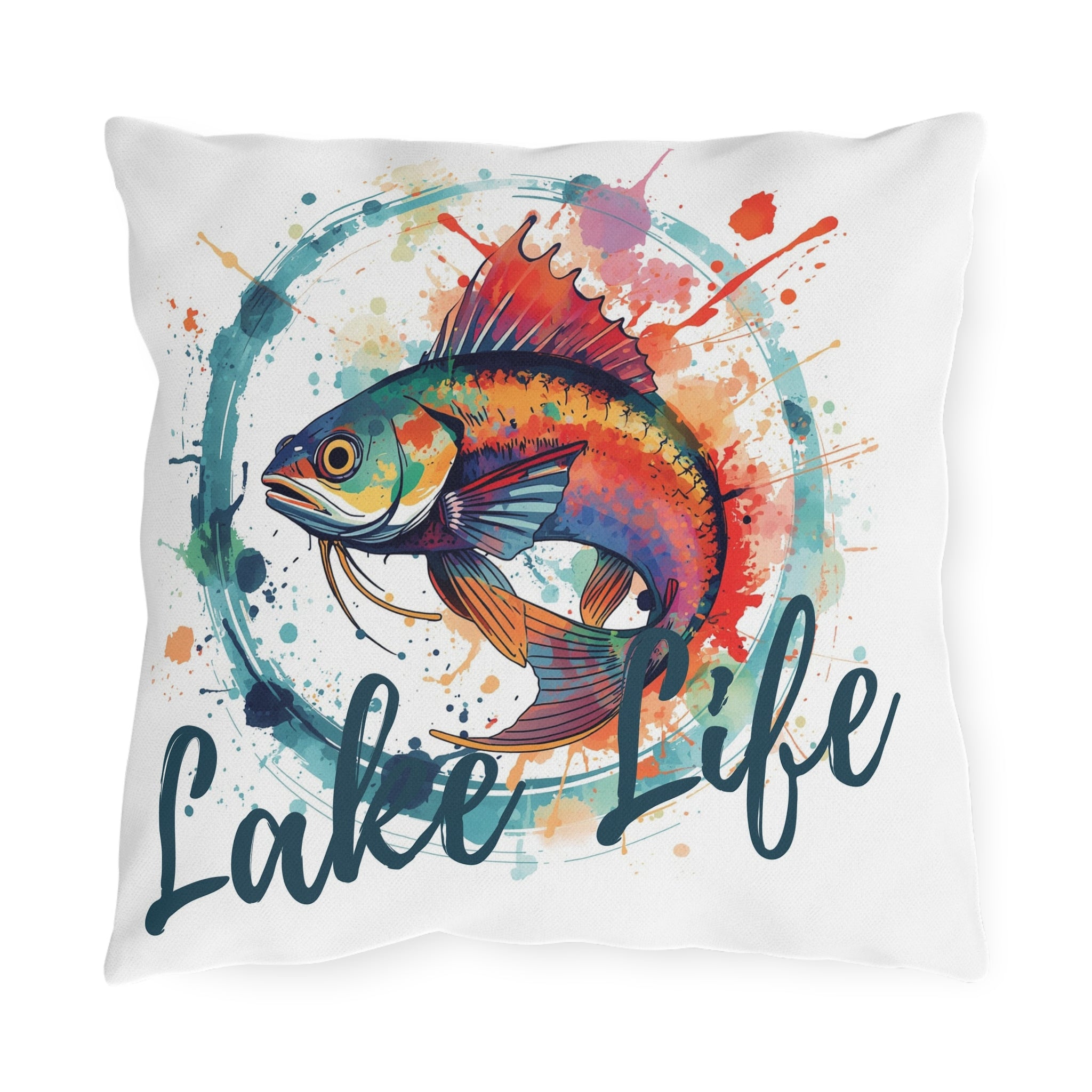 Lake Life Outdoor Pillow — Colorful Watercolor Catfish Accent Cushion