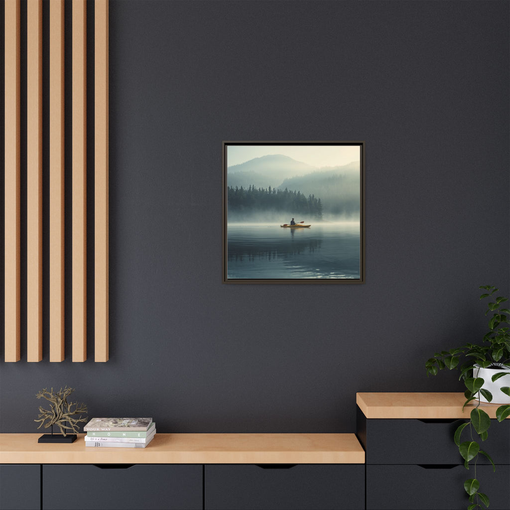 Lake Life Framed Matte Canvas: Misty Lake Kayaker Wall Art
