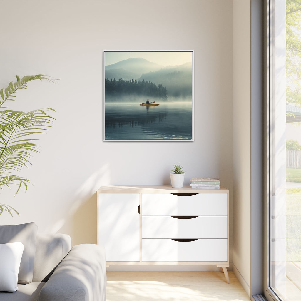 Lake Life Framed Matte Canvas: Misty Lake Kayaker Wall Art