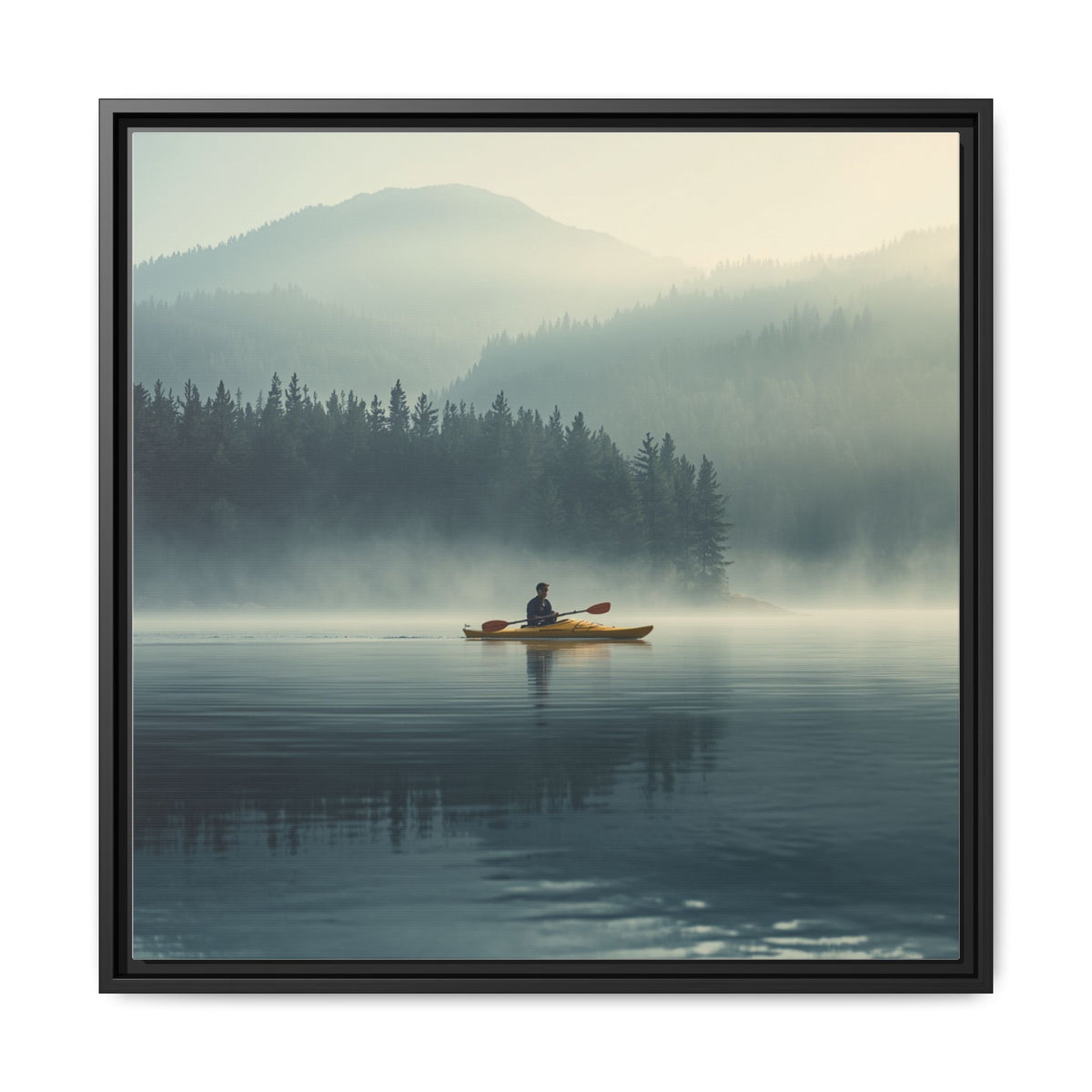 Lake Life Framed Matte Canvas: Misty Lake Kayaker Wall Art