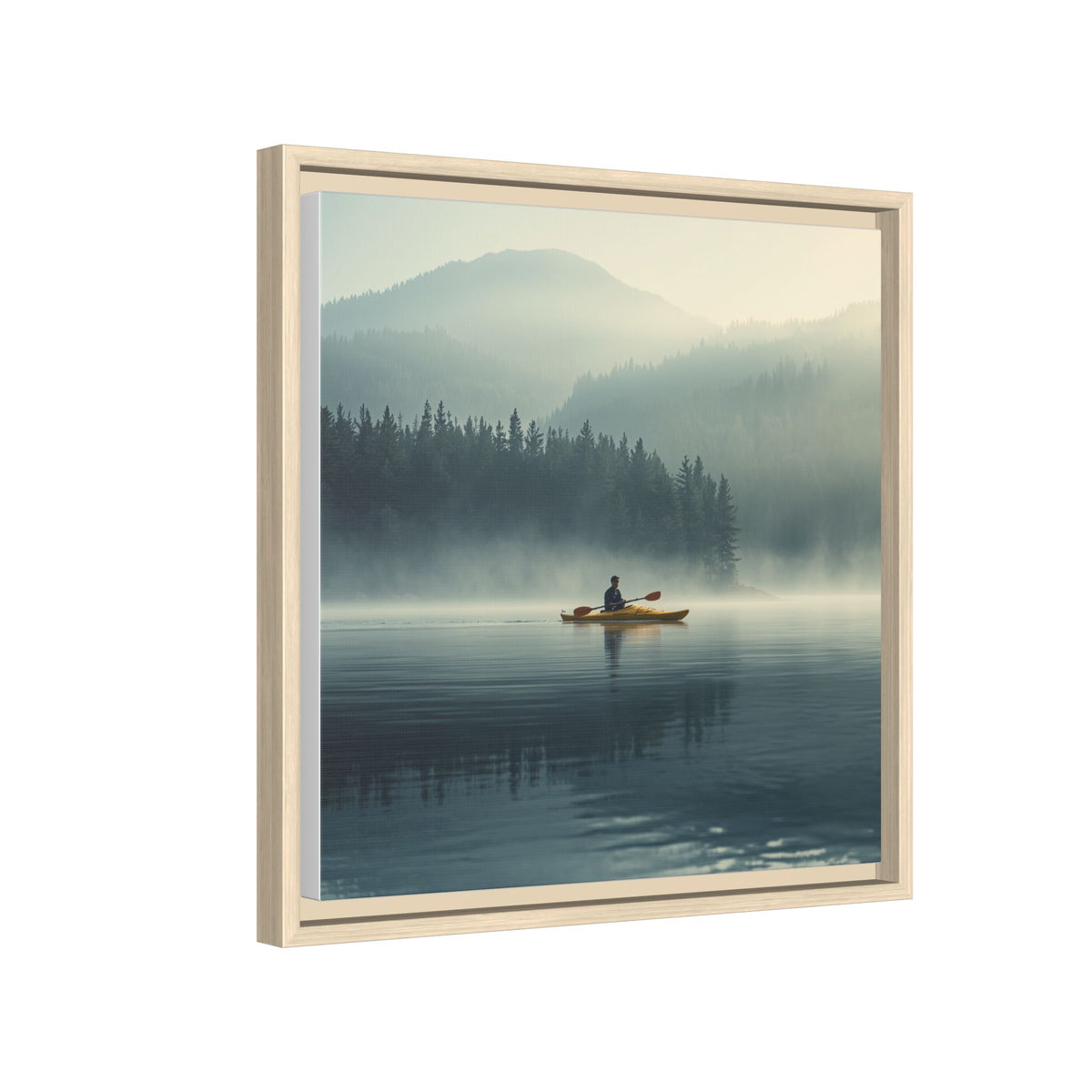 Lake Life Framed Matte Canvas: Misty Lake Kayaker Wall Art