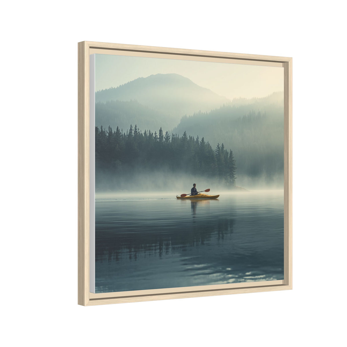 Lake Life Framed Matte Canvas: Misty Lake Kayaker Wall Art