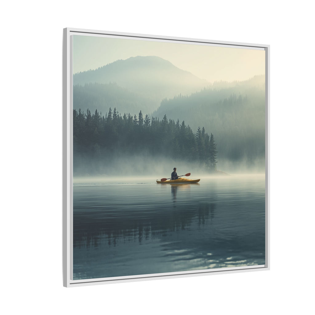 Lake Life Framed Matte Canvas: Misty Lake Kayaker Wall Art