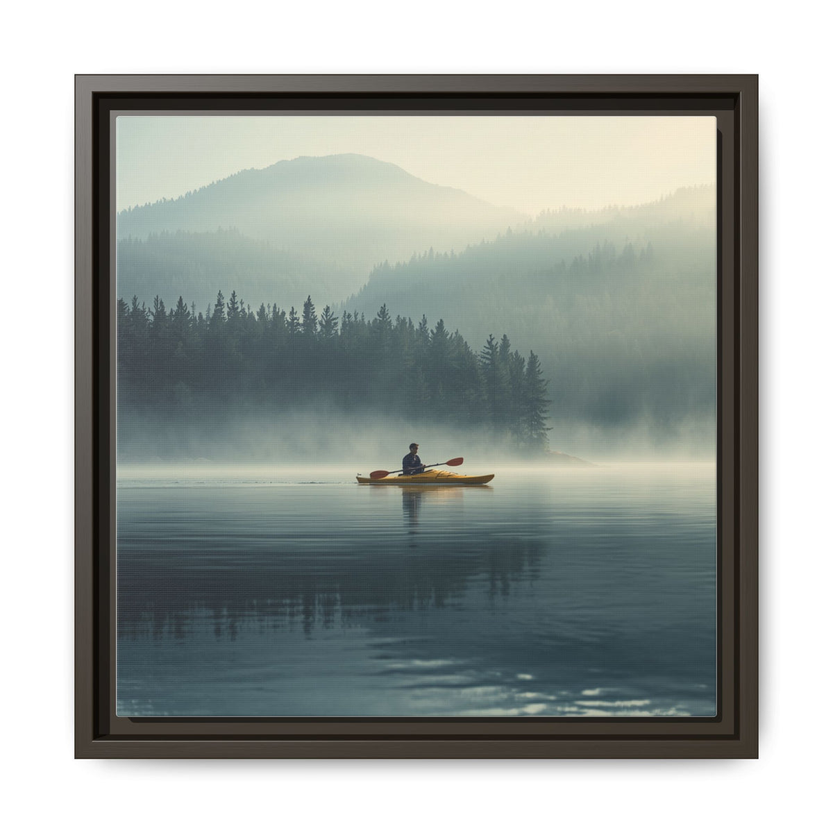 Lake Life Framed Matte Canvas: Misty Lake Kayaker Wall Art